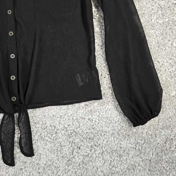Bebe Womens Sheer Lace Button Up Blouse Black Tie Front Long Sleeve‎ Small Goth - Picture 2 of 13